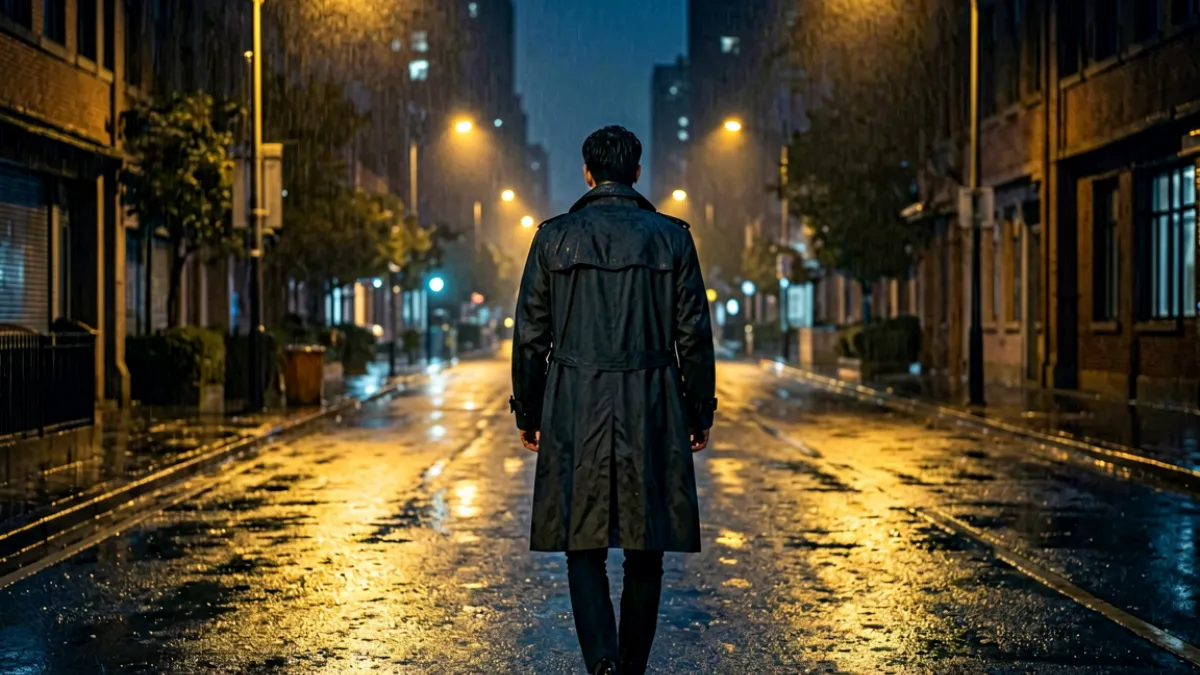夜幕下城市街道两侧亮着微弱路灯，一名穿风衣的身影独自走在雨后的柏油路上，远处高楼轮廓隐没在夜色中