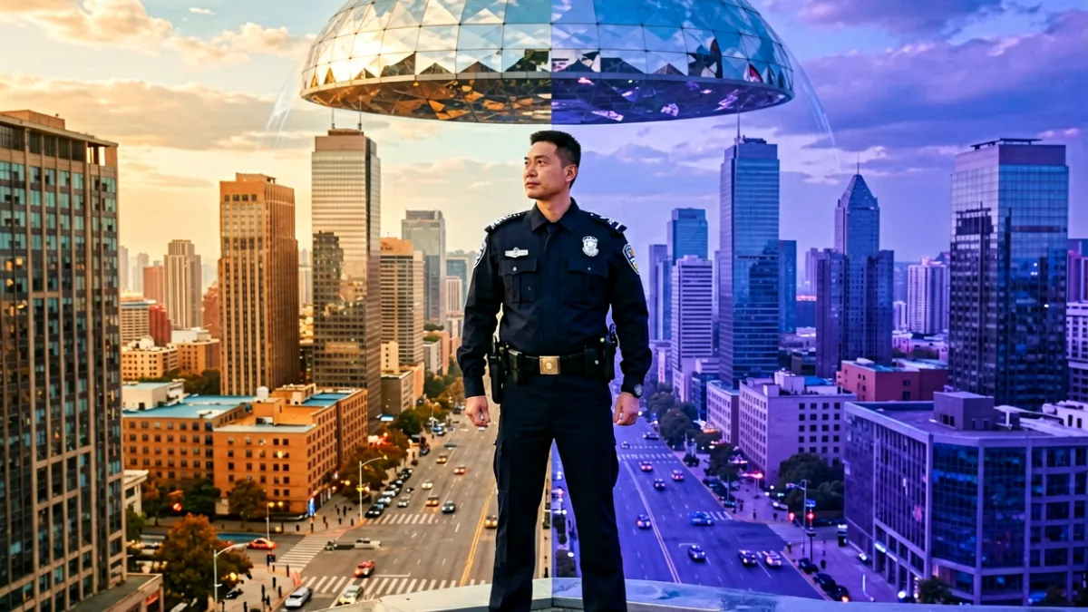 科幻电影镜中之城剧照展示主人公站在巨大镜面结构中的震撼城市全景